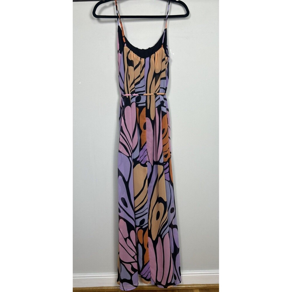 Sam Edelman Butterfly Trapeze Maxi Dress Pink Purple Orange Women's Size Large